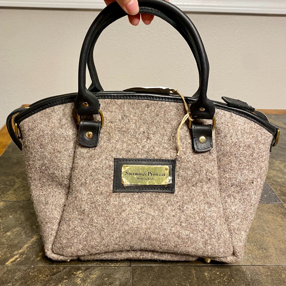 Sword & Plough Grey Wool Handbag with Black Leather Handles